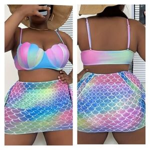 3 Piece Rainbow Mermaid Bikini Top Bottoms Sarong Size 14